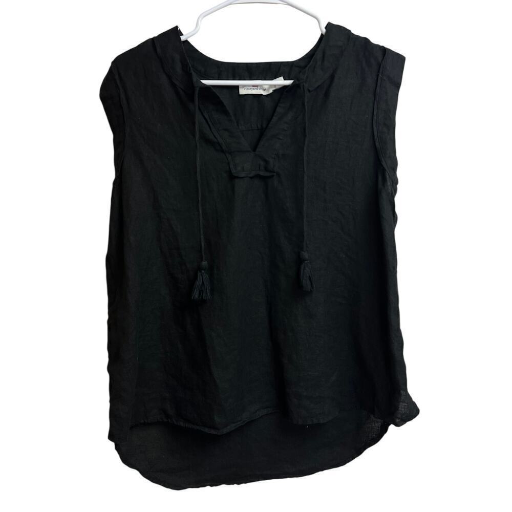 Vineyard Vines Women's Black Sleeveless Linen V-Neck Tassles Top Small